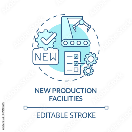 New production facilities blue concept icon. Business growth abstract idea thin line illustration. Renewed equipment. Manufacturing automation. Vector isolated outline color drawing. Editable stroke
