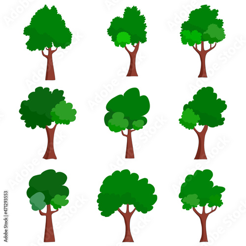 green flat tree clusters with shadows nature plants leaves. Isolated on white background. vector illustration