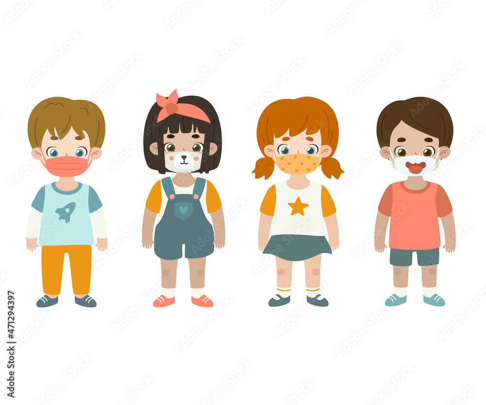 Cute children in comic face mask. Adorable kids in fun reusable medical respirator. Cute children in comic face mask. Adorable kids in fun reusable medical respirator.