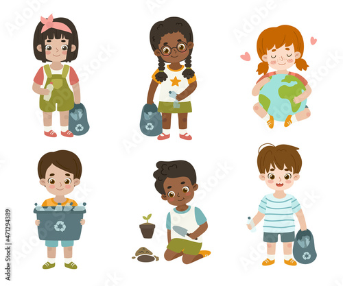 Set of children protecting nature. Ecology collection of volunteer smiling kids recycling and gardening.