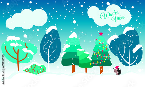 Winter Trees Set. Christmas Fir-Trees and Deciduous Trees, Bush, Hedgehog in Red Hat with Clouds and Snow and Inscription: Winter Vibes. Festive season stock vector illustration. EPS 8