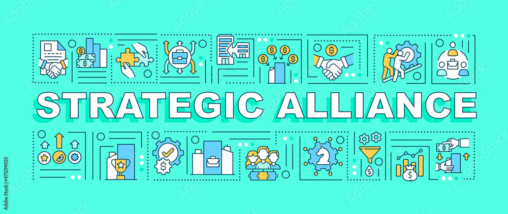 Strategic alliance word concepts banner. Business expansion strategy. Infographics with linear icons on blue background. Isolated creative typography. Vector outline color illustration with text Strategic alliance word concepts banner. Business expansion strategy. Infographics with linear icons on blue background. Isolated creative typography. Vector outline color illustration with text