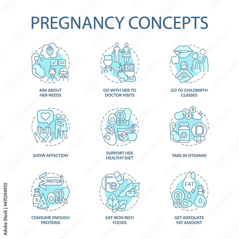 Pregnancy blue concept icons set. Expecting mother needs idea thin line color illustrations. Support her healthy diet. Take in vitamins. Vector isolated outline drawings. Editable stroke