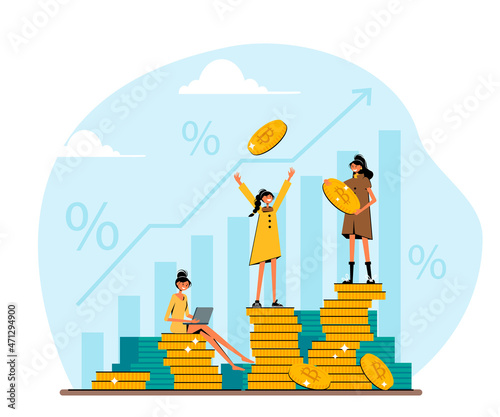 Cute girls buy and sell bitcoins, interest with investment online cryptocurrency. Growing financial indices and stock exchanges. Flat vector illustration.