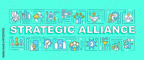 Strategic alliance word concepts banner. Business expansion strategy. Infographics with linear icons on blue background. Isolated creative typography. Vector outline color illustration with text