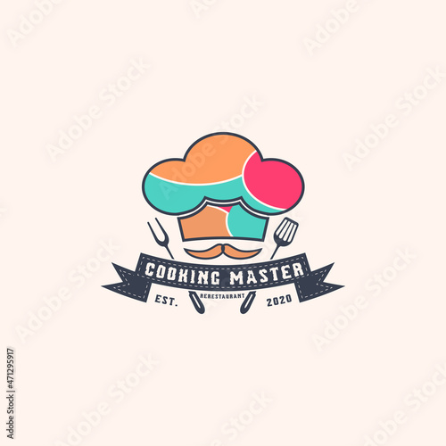 Master Chef Logo Design Vector Template, bbq tools, grill fork, spatula on white background