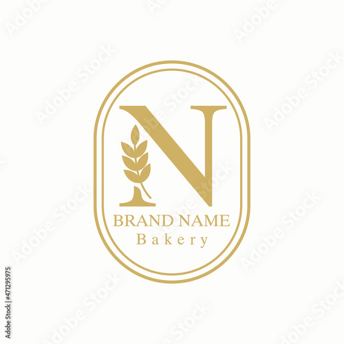 Initial N Letter with Wheat Grain for Bakery, Bread, Cake, Cafe, Pastry, Healthy Food, Cafetarian, Home Industries Business Logo Vector Idea 