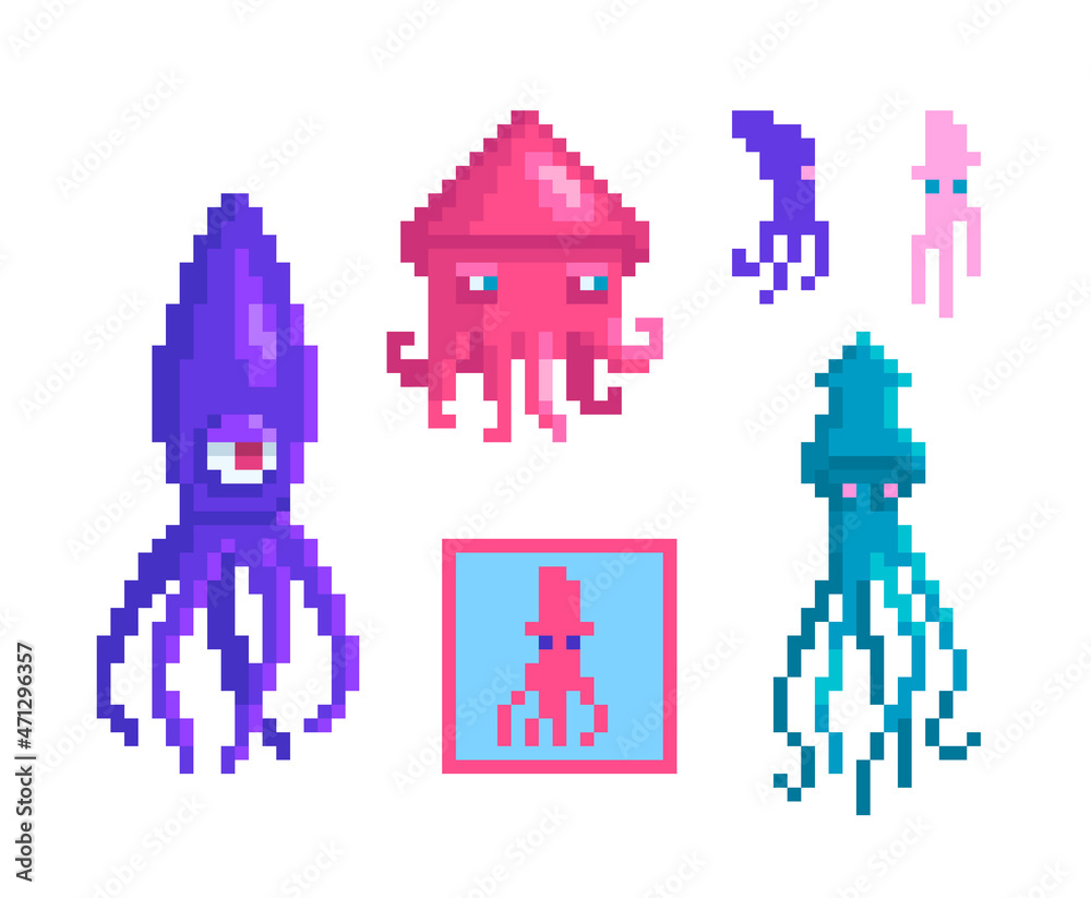 A set of squid in pixel art style. Sea characters different forms and sizes. A set of squid in pixel art style. Sea characters different forms and sizes.