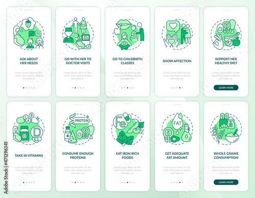 Prenatal care onboarding mobile app page screen set. Showing love and care walkthrough 5 steps graphic instructions with concepts. UI, UX, GUI vector template with linear color illustrations