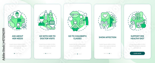 Pregnancy support onboarding mobile app page screen. Go to doctor visits walkthrough 5 steps graphic instructions with concepts. UI, UX, GUI vector template with linear color illustrations