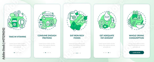 Nutrition during pregnancy onboarding mobile app page screen. Iron rich foods walkthrough 5 steps graphic instructions with concepts. UI, UX, GUI vector template with linear color illustrations