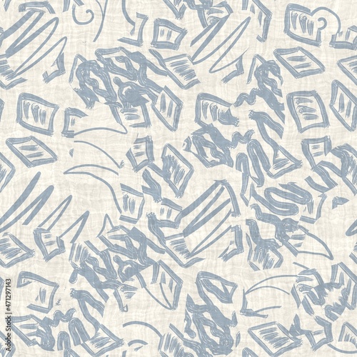 Seamless two tone hand drawn brushed effect pattern swatch. High quality illustration. Collage of minimal drawings arranged in a seamless pattern for print with fabric texture overlay. Rough scribble.