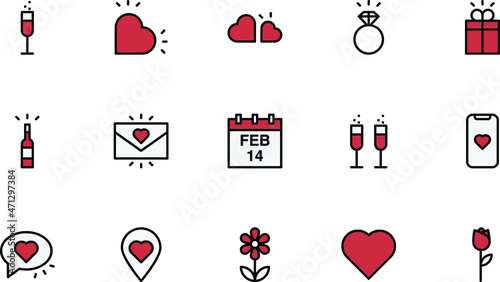 Saint Valentine's Day outline icon set red black white isolated on transparent background. Ions heart, calendar, love, date. Pixel perfect.