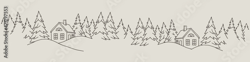 Landscape  drawn by lines, a house in the forest between the Christmas trees.