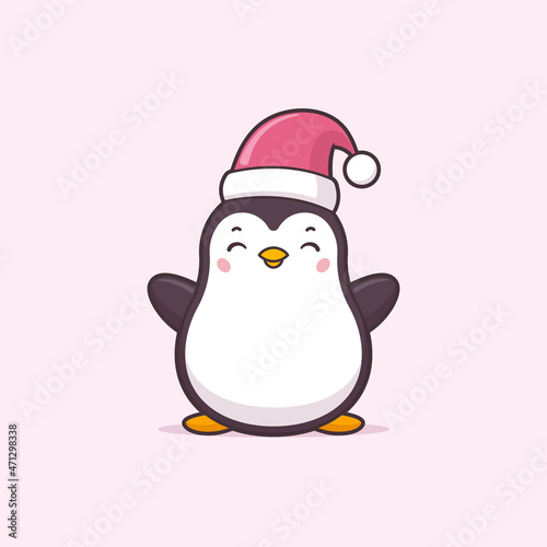 Cute kawaii Christmas penguin wearing Santa hat vector cartoon illustration