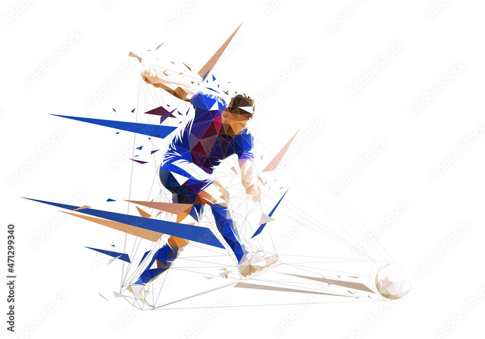 Football player kicking the ball, side view, isolated low polygonal vector illustration. Soccer, footballer