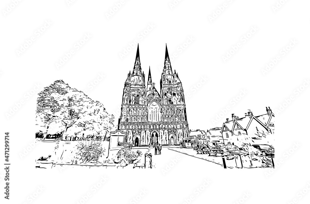 Building view with landmark of Lichfield is the 
city in England. Hand drawn sketch illustration in vector.