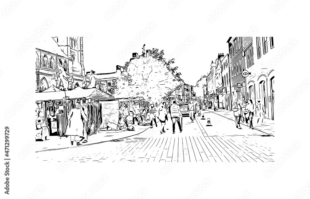 Fototapeta premium Building view with landmark of Lichfield is the city in England. Hand drawn sketch illustration in vector.