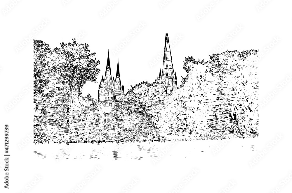 Building view with landmark of Lichfield is the 
city in England. Hand drawn sketch illustration in vector.