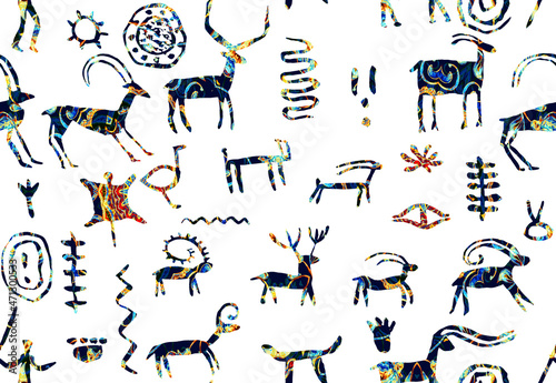 Imitation of hand drawing in cave painted by an ancient man on a rock wall. Hunting for deer, animal. Shaman, aboriginal, neanderthal, roe, ram,  mammoth, hunter, deer. Seamless pattern