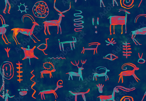 Imitation of hand drawing in cave painted by an ancient man on a rock wall. Hunting for deer, animal. Shaman, aboriginal, neanderthal, roe, ram,  mammoth, hunter, deer. Seamless pattern