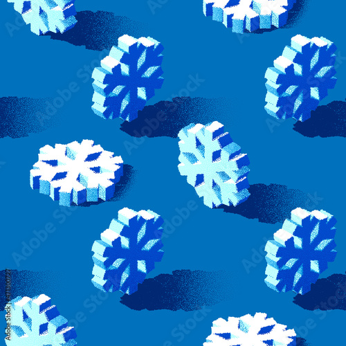 Christmas seamless pattern with 3D snowflakes drawn with dotwork grainy texture. Nostalgic dotted snowflake background with repeating ornament.