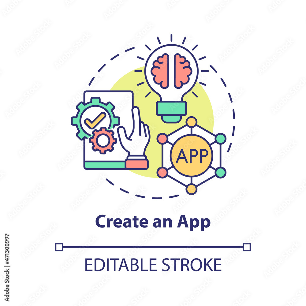 Create app concept icon. Making money online method abstract idea thin line illustration. Startup opportunity. Application idea generation. Vector isolated outline color drawing. Editable stroke Create app concept icon. Making money online method abstract idea thin line illustration. Startup opportunity. Application idea generation. Vector isolated outline color drawing. Editable stroke