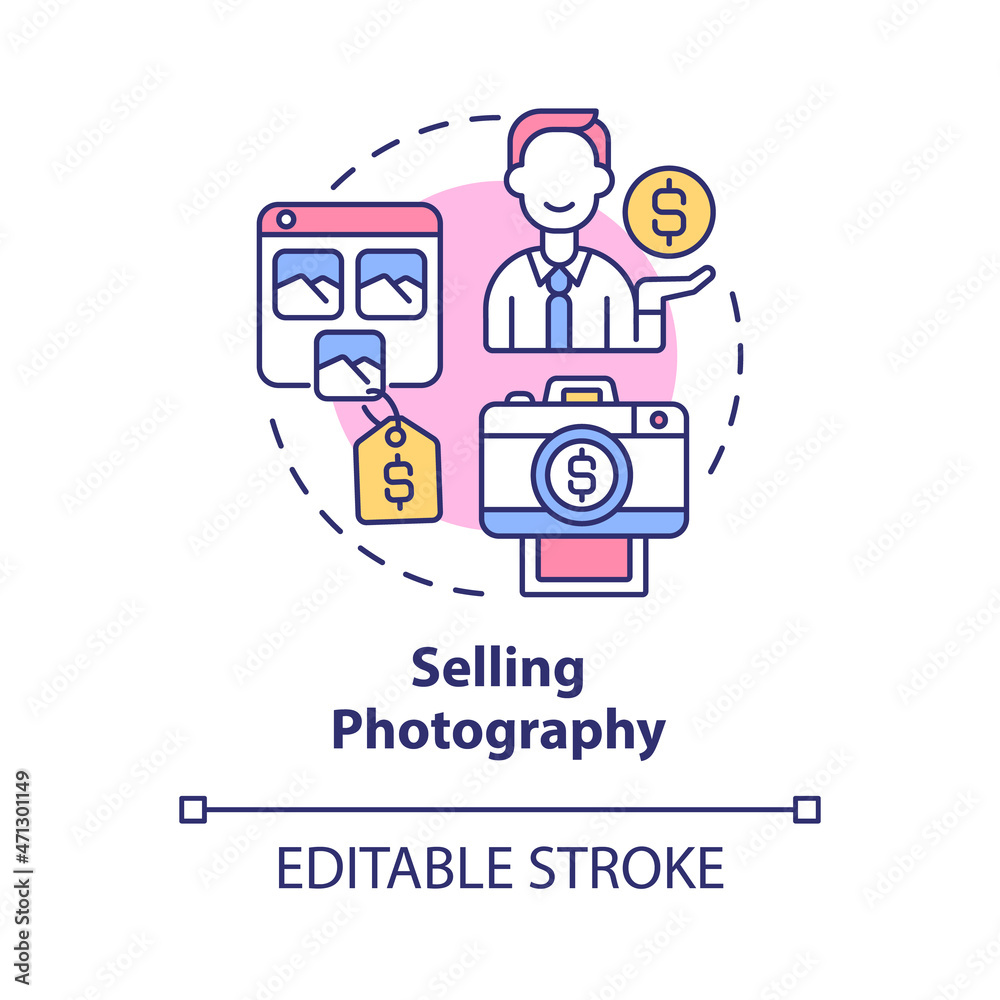 Selling photography concept icon. Making money online approach abstract idea thin line illustration. Professional photographer job opportunity. Vector isolated outline color drawing. Editable stroke Selling photography concept icon. Making money online approach abstract idea thin line illustration. Professional photographer job opportunity. Vector isolated outline color drawing. Editable stroke