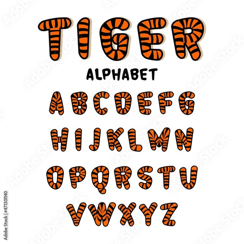 Decorative tiger font and alphabet with tiger patterns. Isolated letters on white background