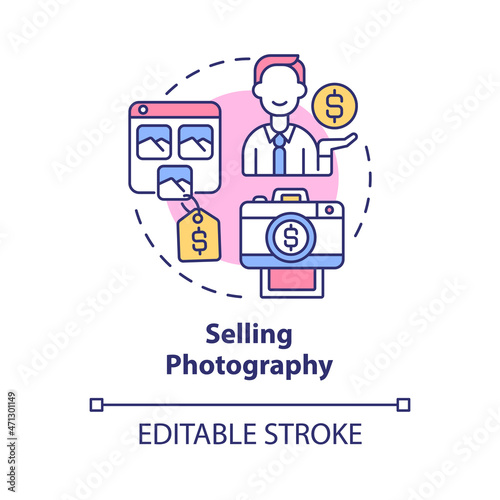 Selling photography concept icon. Making money online approach abstract idea thin line illustration. Professional photographer job opportunity. Vector isolated outline color drawing. Editable stroke
