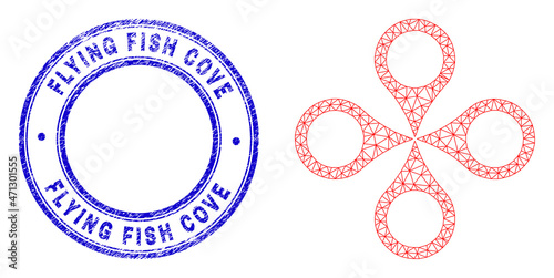 Web mesh quadrocopter pictogram with Flying Fish Cove watermark. Blue vector rounded distress watermark with Flying Fish Cove message inside.