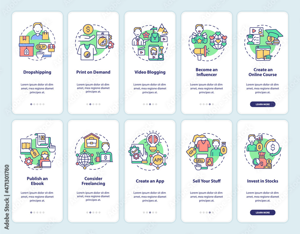 Making money online onboarding mobile app page screen set. Dropshipping and blogging walkthrough 5 steps graphic instructions with concepts. UI, UX, GUI vector template with linear color illustrations
