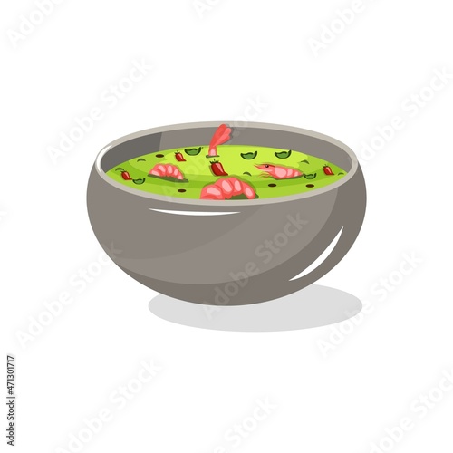 Vector illustration of a spicy bowl of soup with shrimps
