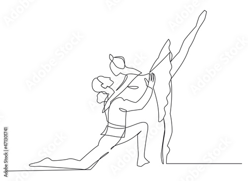 Couple ballet dancers one line continuous drawing vector illustration. Monochrome hand drawn design