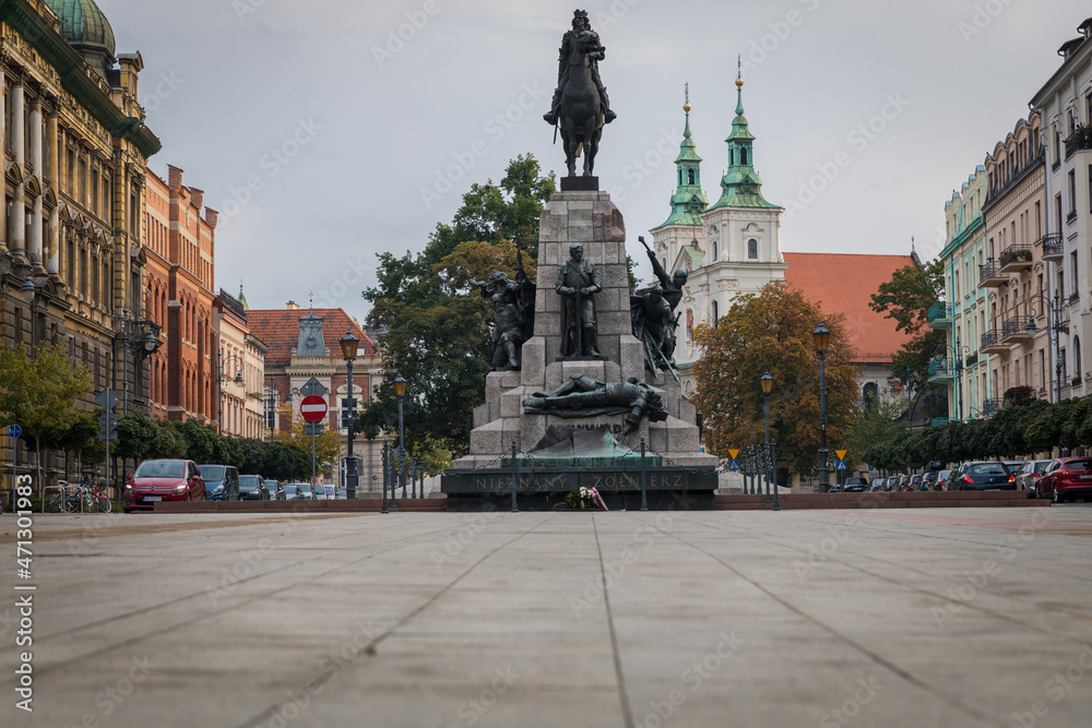Fototapeta premium Monument to the Battle of Grunwald on Matejko Square in Krakow, Poland.