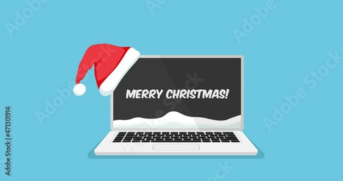 Christmas online greeting animation. Santa hat falling on the corner of the monitor. Cartoon movie for New Year advertisement. 4k video animated.