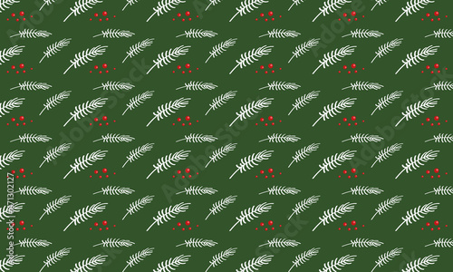 Pattern new year spruce branch on a green background. Christmas tree