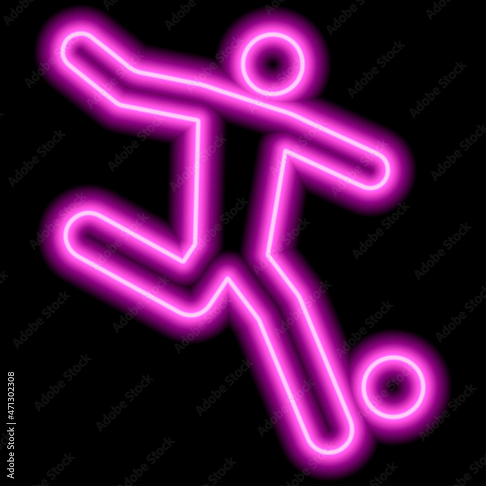 Neon pink outline of a soccer player who hits the ball on black background Neon pink outline of a soccer player who hits the ball on black background