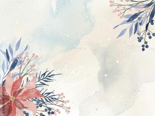 Watercolor winter background with plants, branches, berries and splashes. Christmas pre-made scene