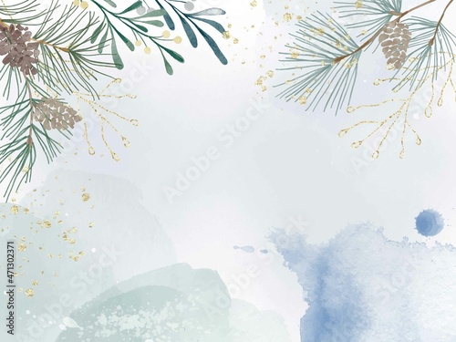 Watercolor winter background with plants, branches, berries and splashes. Christmas pre-made scene