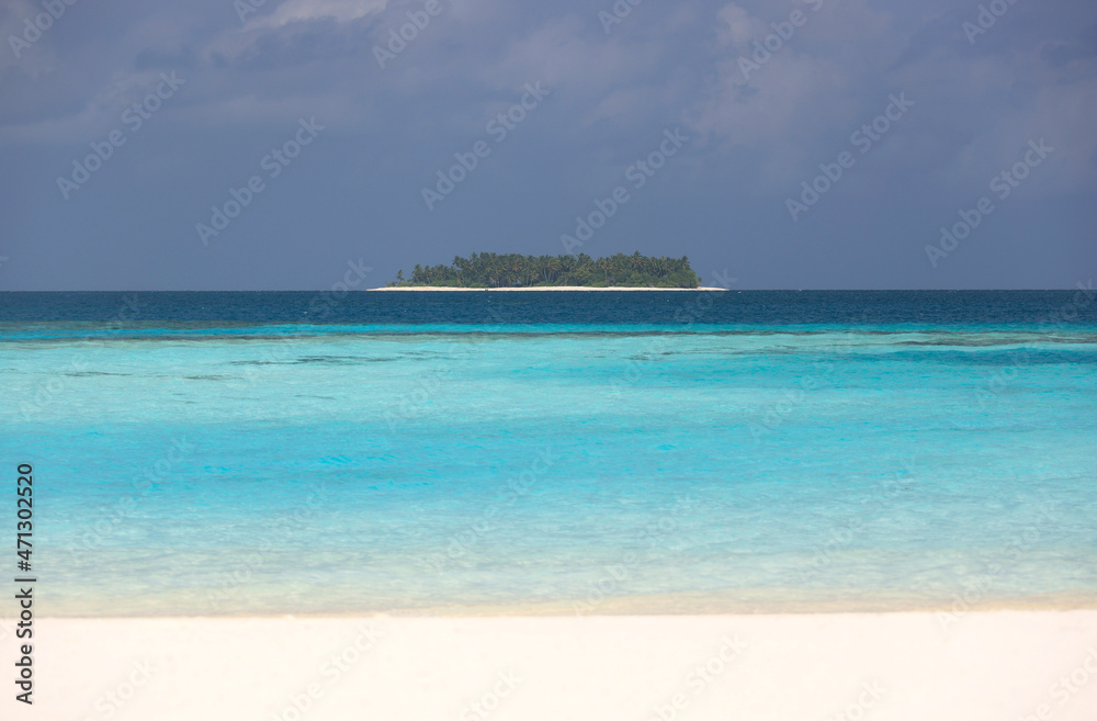 Idyllic Beach with Palm Trees at the Maldives, Indian Ocean