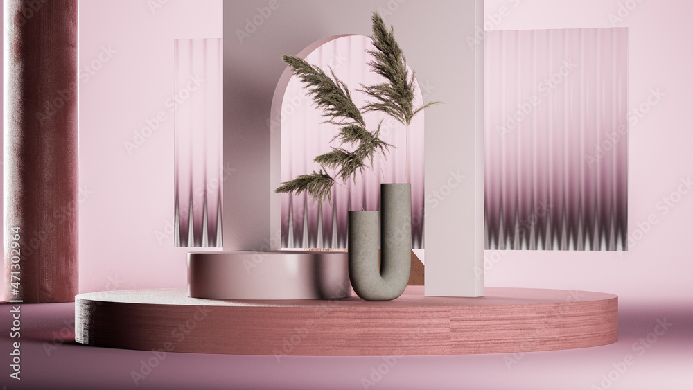 Gray arc, dry twigs and glass screen on the pink background with small palm tree. Natural showcase. Minimal design. 3d rendering.