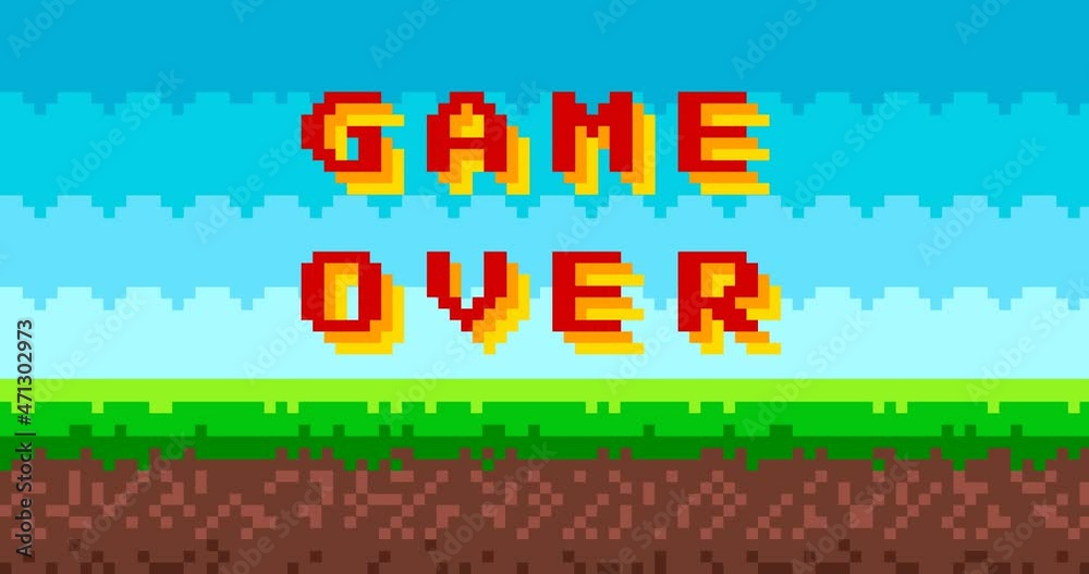 Animation of 'Game over' text on 8 bit game background. Gaming controller, symbols set. Pixel picture with sky, clouds, ground and grass. 4k video animated.