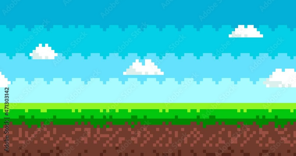 Pixel art game background animation. Vector 8 bit picture with sky, moving clouds, ground and grass. Landscape for game or apps. Gaming controller.