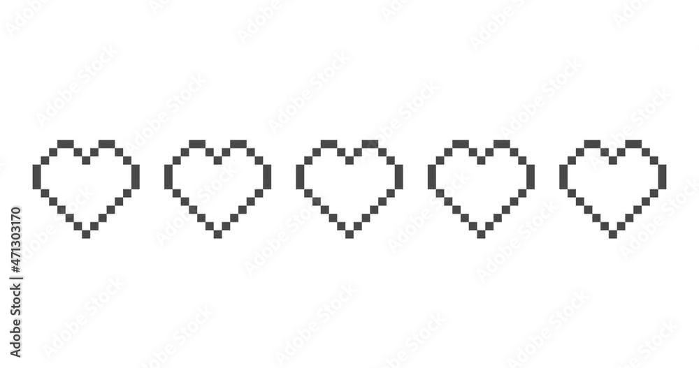 Animation of pixel game life bar. Vector art 8 bit health heart bar. Gaming controller, symbols set. Game over concept.