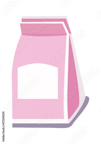 Cardboard grocery bag. Can be used for liquid or dry products. Cartoon drawing of a paper bag for flour, sugar, cereals, milk, yogurt. Vector layout for collage. Close-up. White background.