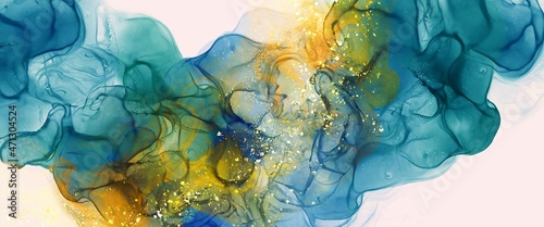 Abstract alcohol ink background with gold design elements, luxury hand drawn art, fluid decoration for wall pictures, liquid wallpaper for print