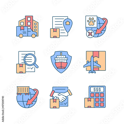 International logistics business RGB color icons set. Global transportation service. Professional cargoes delivering. Isolated vector illustrations. Simple filled line drawings collection