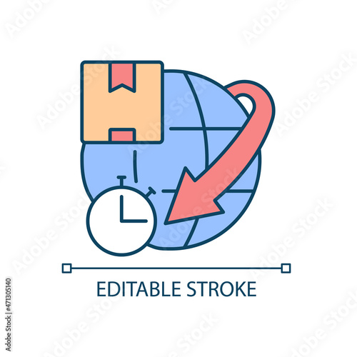 Expedited international shipping RGB color icon. Worldwide fast goods delivery guarantee. Professional client service. Isolated vector illustration. Simple filled line drawing. Editable stroke