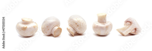 Set of champignons isolated on white background. Raw whole and sliced mushrooms for cooking. 